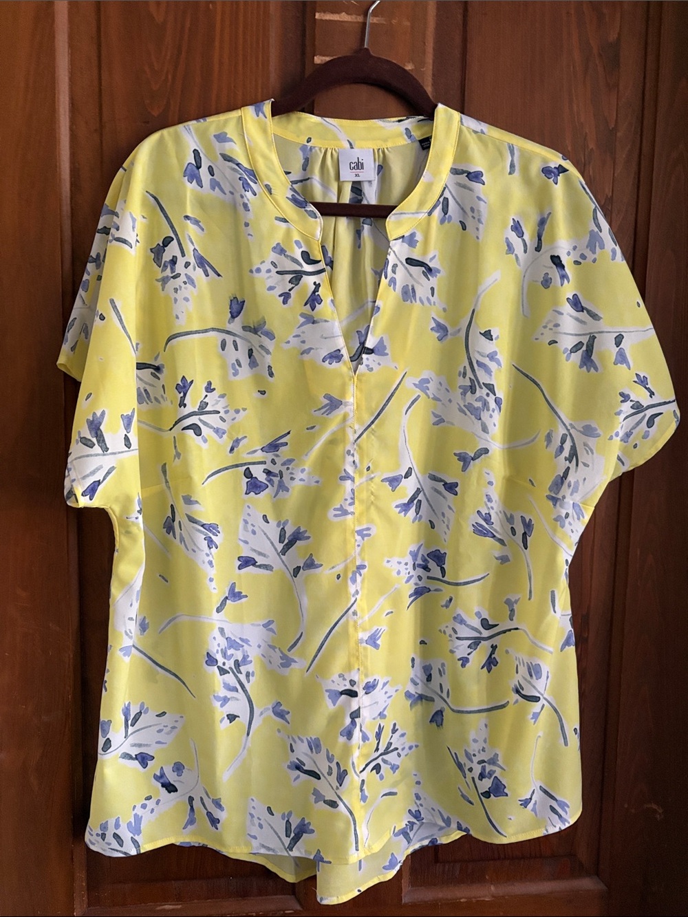 CAbi Yellow Floral Split-Neck Blouse with Blue Accents